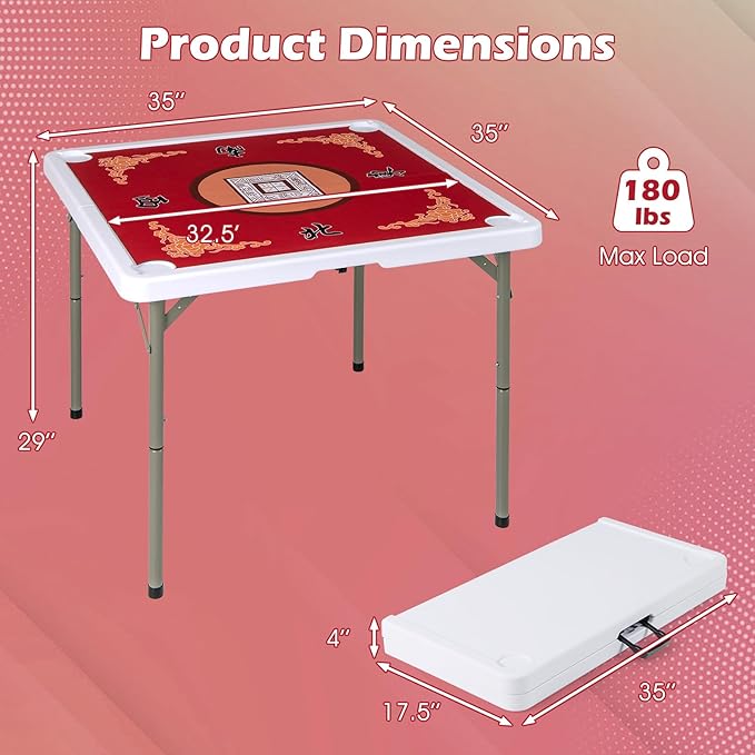 Giantex Folding Mahjong Table, 35" Square Card Table with Cup Holders, Removable Noise Reduction Mat, HDPE Tabletop, 4-Player Portable Domino Tables for Poker Blackjack Board Game (Red)
