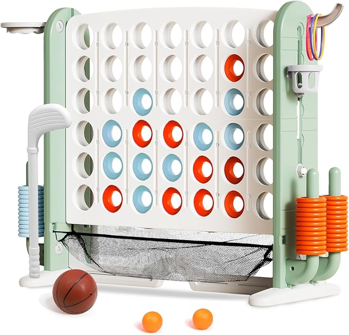 Giant 4 in a Row Connect Game with Mesh Fabric | Height Adjustable 4-in-1 Jumbo 4-to-Score Yard Game Set with Basketball, Golf & Ring Toss | Outdoor Indoor Family Yard Party Game for Kids & Adults