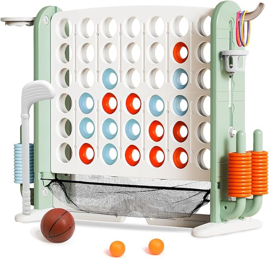 Giant 4 in a Row Connect Game with Mesh Fabric | Height Adjustable 4-in-1 Jumbo 4-to-Score Yard Game Set with Basketball, Golf & Ring Toss | Outdoor Indoor Family Yard Party Game for Kids & Adults