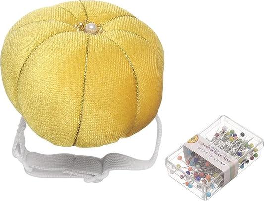 HARFINGTON Wrist Pin Cushion Wristband Sewing Pincushion Polyester Pin Holder Wearable Pumpkin Shaped Needles Wristband with 100 Head Needles for Sewing Quilting DIY Crafts, Yellow