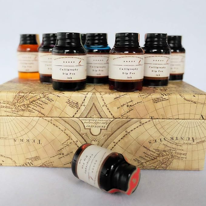 GC QUILL Dip Pen Ink, 10 Colors Fountain Dip Pen Ink Set Non-Carbon Drawing Writing Art Craft Dip Inks Bottles, 20cc Bottle 10 Colors Set LL-710