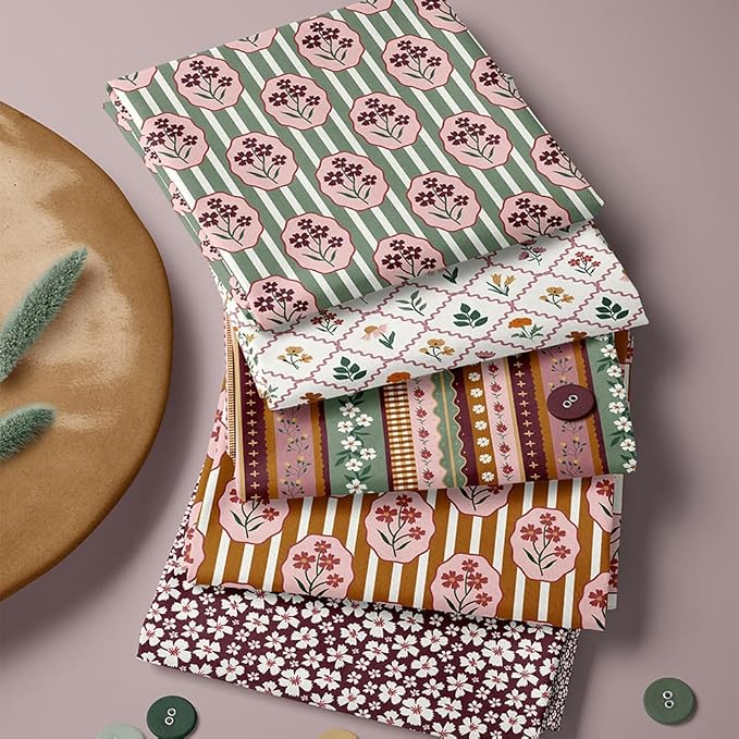 Boho Floral Cotton Fabric Bundle, 5 Coordinating Fabric Panels, 23.6 x 11.8 in by FabricsTown