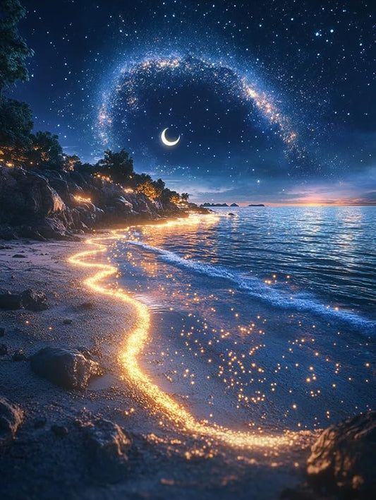 14ct Counted Stamped Cross Stitch Kits for Adults Printed Cross Stitch Patterns Night Moon Beach Art Crafts Cross Stitch Supplies (Night Moon Beach)
