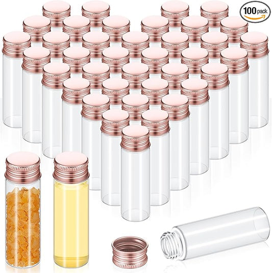 100 Pcs Small Clear Vials Spice Mini Jars with Lids Mini Glass Bottles with Screw Aluminum Metal Caps Tiny Jars Sample Containers for Powder Cream Cosmetic Jewelry Wedding (15 ml,Rose Gold)