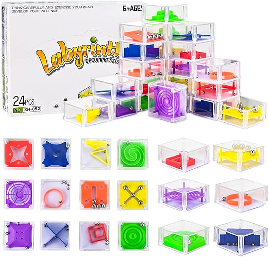 GOLDGE 24 Pcs Balance IQ Maze Game Toy Set - Mini 3D Brain Maze Puzzle Cubes in a Box. Fun Party Favor Games and Ideal Prizes for Kids and Adults (24 Pcs)