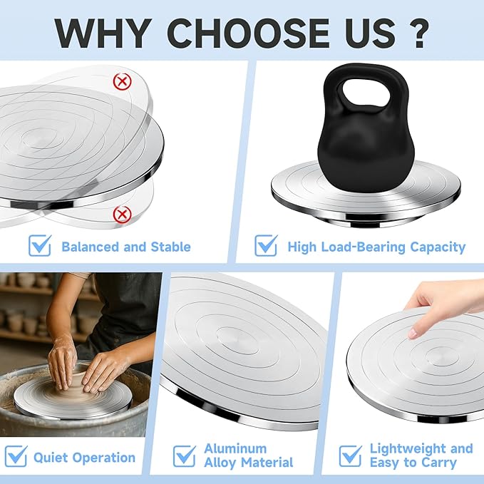 Kartols 12 Inch Sculpting Wheel, Double-Sided Pottery Turnable Wheel Aluminium Alloy Heavy Duty Metal Banding Wheel with Ball Bearings for Ceramics Model Making Clay Modeling Cake Decor Paint Spraying
