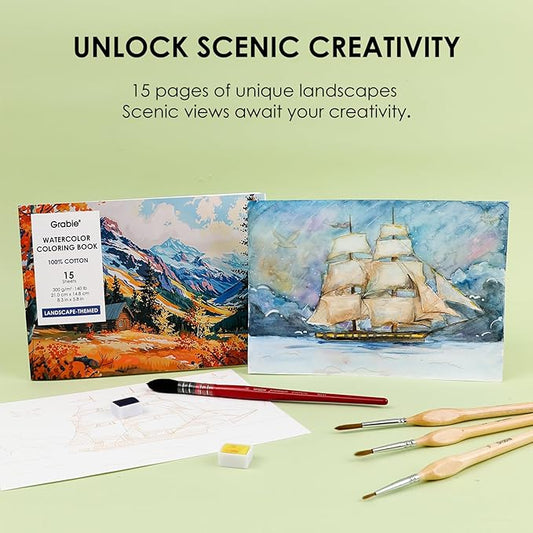 Grabie Watercolor Coloring Book, 15 Sheets A5 (8.3 x 5.8),Watercolor Book for Adults: Ignite Your Artistic Expression on 100% Cotton Paper (Land-Scape)