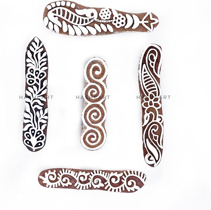 Hashcart | Set of 5 | Finger Shapes Wooden Printing Stamps for Saree Border Heena Clay Kids Art Project, Tattoo Handcarved Indian Textile Printing Blocks
