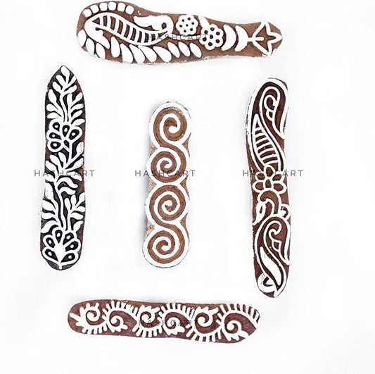 Hashcart | Set of 5 | Finger Shapes Wooden Printing Stamps for Saree Border Heena Clay Kids Art Project, Tattoo Handcarved Indian Textile Printing Blocks