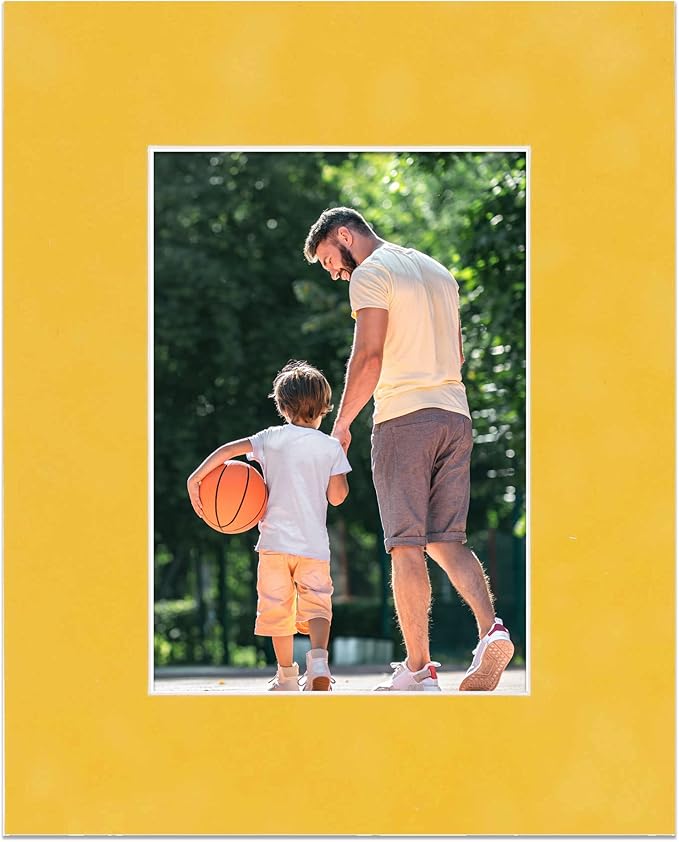 11x14 Mat Bevel Cut for 8.5x11 Photos - Acid Free Sunrise Yellow Suede Precut Matboard With Backing Board and Crystal Clear, Self Seal Mat Bag - For Pictures, Framing - 4-ply Thickness
