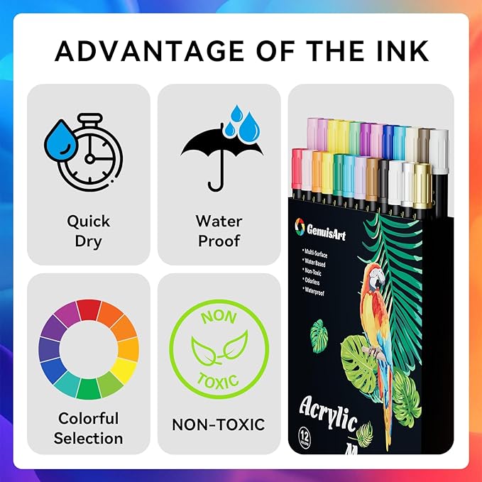 24 Colors Acrylic Paint Pens, Acrylic Paint Markers Dual Tip, with Dot Tip and Fine Tip, Acrylic Markers for Rock Painting, Wood, Canvas, Fabric, Paper, DIY Crafts Making Art Supplies (24)