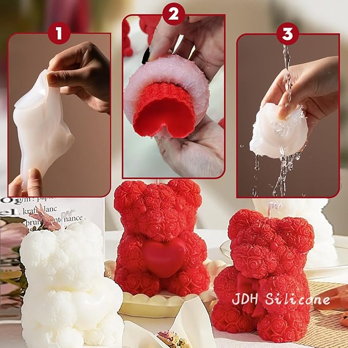 2PCS Rose Bear Silicone Mold,3D Teddy Bear Candle Making Molds,Silicone Epoxy Resin Mould,Ornament for DIY Wax Candle Art Craft Cake Chocolate Home Decor Valentine Gifts Birthday Gift（MINI）
