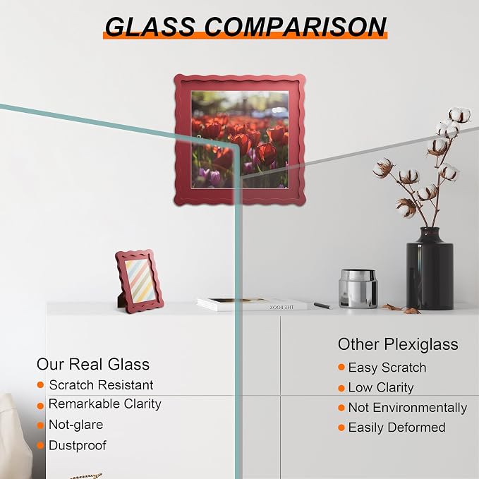 6x6 Picture Frame with Mat for 4x4, Wavy Edge Wooden Real Glass Photo Frame for - Image 2