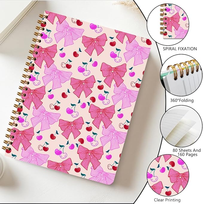 2 PCs Coquette Pink Bows Cherry Journaling Notebooks Trendy Preppy Spiral Notebook Aesthetic Design Gifts for Women Girls Note Books Journals for Writing Hardcover Notebook Office Classroom Supplies