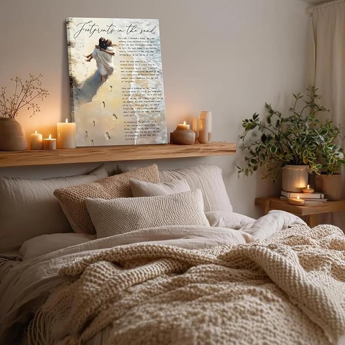 CYPQPCUH Jesus Footprints in the Sand Wall Art Canvas Print Jesus Holding Woman - Image 4