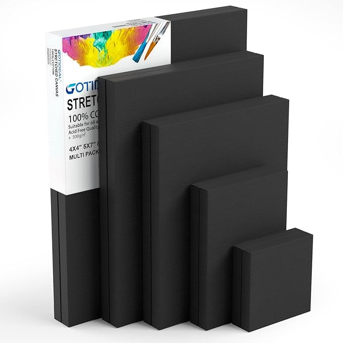 GOTIDEAL 10Pcs Black Stretched Canvases for Painting, Multi Pack 4x4", 5x7", 8x10",9x12", 11x14" Set of 10, Primed 100% Cotton Artist Blank Canvas Boards for Painting, Acrylic Pouring, Oil Paint Art