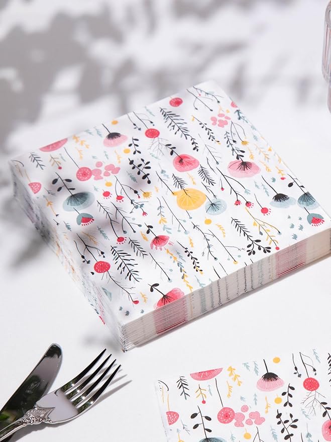20 pcs Premium Designer Paper Napkins, 3-Ply 6.5x6.5-inches Disposable Decorative Fall Paper Guest Floral White Napkin for Wedding Birthday Anniversary Lunch Dinner Party Baby Shower
