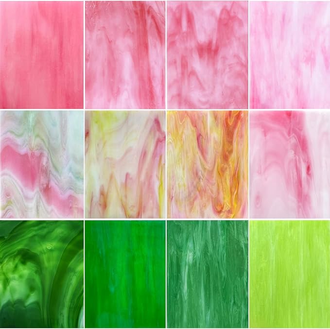 ILLUCKAI 12 Sheets Stained Glass Sheet Pink and Green Collection, 6 x 4 inch by ILLUCKAI