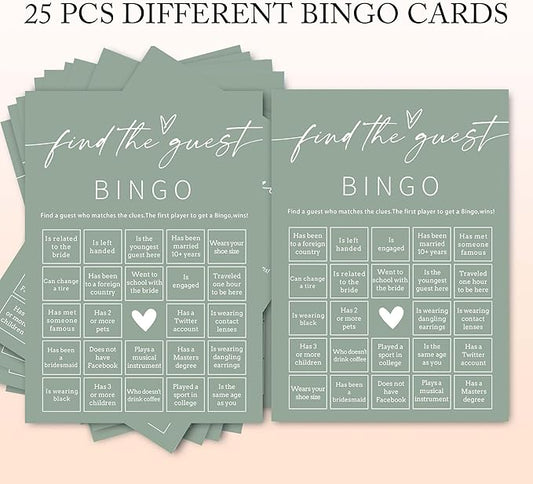 Bridal Shower Games Cards, 25Pcs Prefilled Find The Guest Bingo Game Cards, Engagement Party Games for Guests, Minimalist Green Wedding Party Supplies - C19