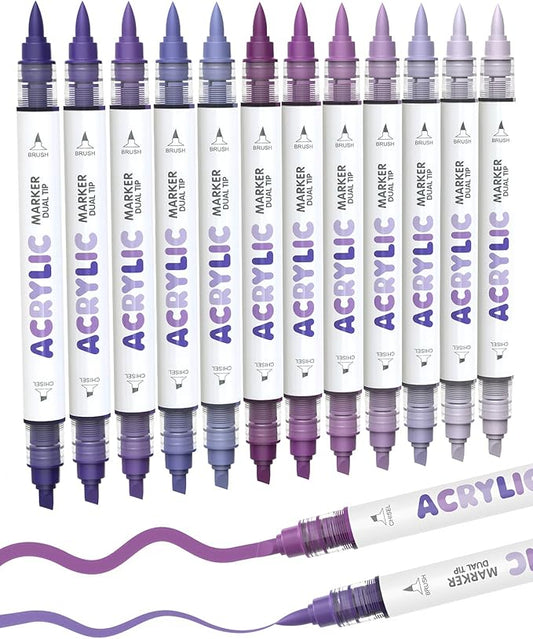 Guangna 12 Purple Dual Tip Acrylic Paint Markers, Brush Tip & Chisel Tip Acrylic Paint Pens for Rock, Wood, Glass, Paper, Coloring Book, Ceramic, Canvas, Water-Based Ink