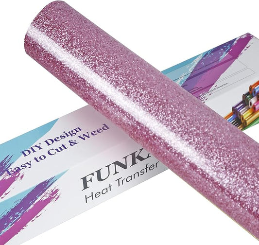 FUNKAKA Glitter Pink HTV Heat Transfer Vinyl Rolls, 12" x 8ft PU Iron on Vinyl for T-Shirt Pink Glitter HTV Vinyl for All Cutter Machines Easy to Cut & Weed for Heat Vinyl Design