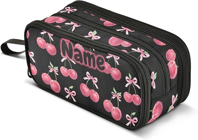 Custom Watercolor Cherry Bow Pencil Case Box Boys Girls Personalized Name Large by BOENLE-WELCOMEYOURCOMING