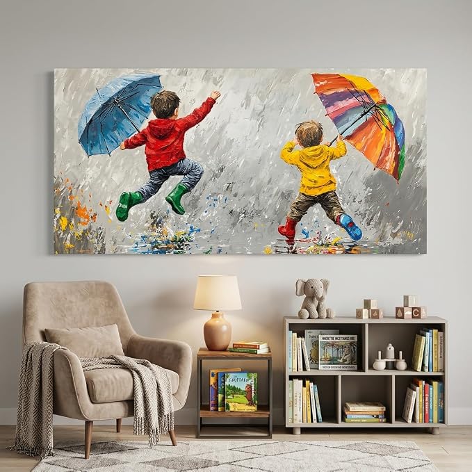 ZESTRILIA Joyful Kids Playing in Rain Canvas Wall Art, Rainbow Umbrella - Image 7