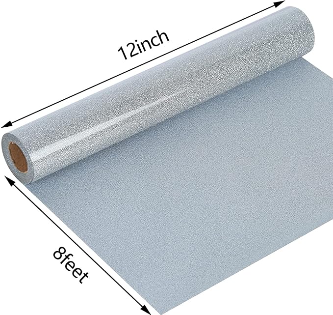 guangyintong Glitter Silver Heat Transfer Vinyl HTV Rolls, 12" x 8ft Iron on Vinyl for T-Shirts Glitter Silver HTV Vinyl for All Cutter Machines Easy to Cut & Weed for Heat Vinyl Design