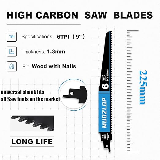 1 Pack 9 inch Reciprocating Saw Blades Set，6 TPI High Carbon Saw Blades for Wood with Nails ，Saw Blades with Organizer Case (1, 6T/9inch)