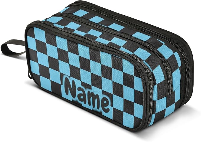 Custom Black Blue Checkered Pattern Pencil Case Box Boys Girls Personalized by BOENLE-WELCOMEYOURCOMING
