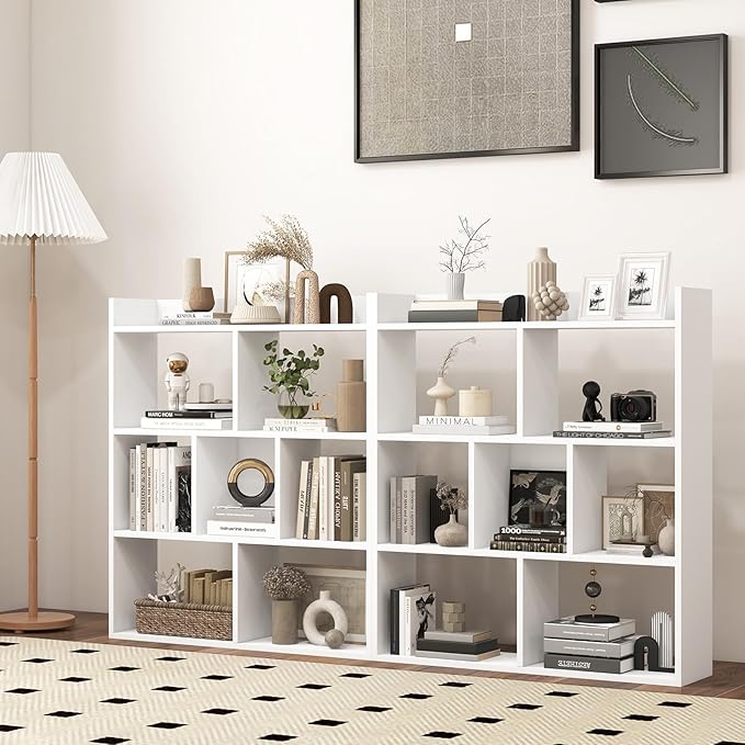 Giantex 7 Cube Bookshelf of 2, Free-Standing Wooden Bookcase, 4 Tier Home Display Shelf, Horizontal Storage Unit w/Anti-Toppling Devices, Open-Back Display Rack for Study, Living Room, White
