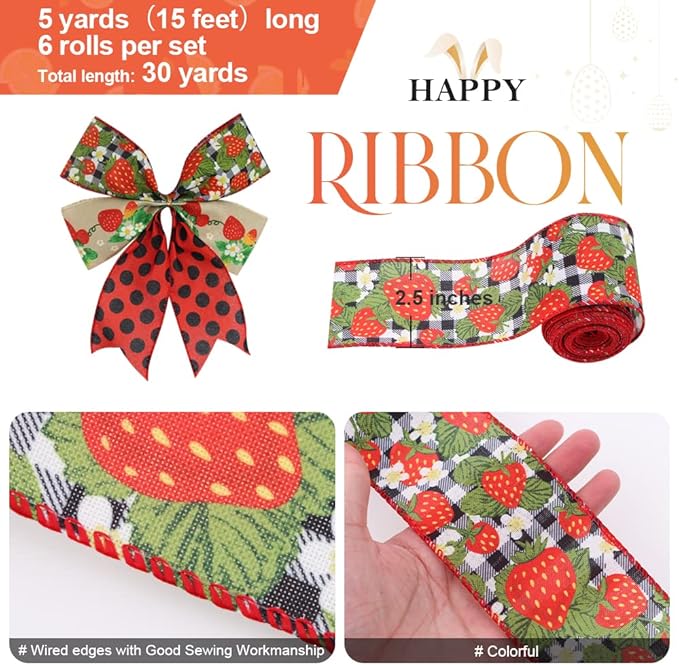 2.5" Watermelon and Strawberry Ribbon,Summer Craft Wire Edged Ribbon,Checks,Polka Dots,Watermelon Slices,Strawberries and Flowers Faux Linen Ribbons for Floral Arrangements, Packages and Home Decor.