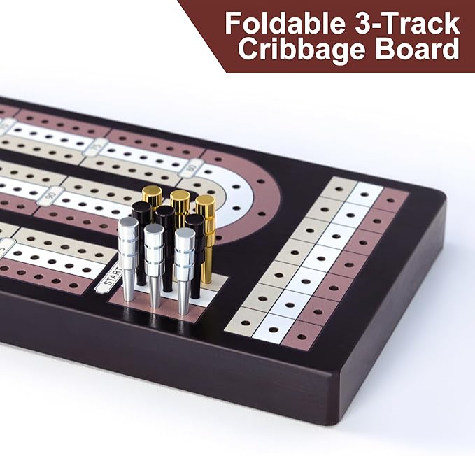 Cribbage Board Game Set - Wooden Foldable 3-Track Board with Magnetic Closure, 9 Metal Pegs, Playing Cards, Portable Family Travel Game for Gatherings and Gifts