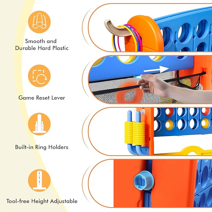 Giant 4 in a Row Connect Game with Mesh Fabric | Height Adjustable 4-in-1 Jumbo 4-to-Score Yard Game Set with Basketball, Golf & Ring Toss | Outdoor Indoor Family Yard Party Game for Kids & Adults