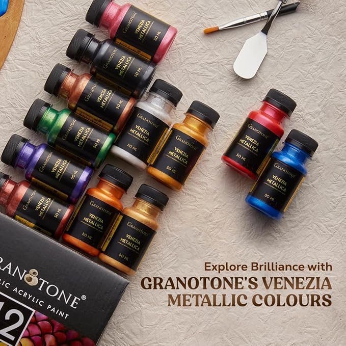 GRANOTONE Acrylic Venezia Metallic Colour | 12 Metallic Shades | 50 ml | Extra Sheen | Non Fading | Indoor/Outdoor | Non Toxic | Multi-Surface | Pro Artist, Hobby Painters & Kid | Made In India