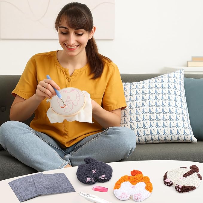 Vesici 6ps Cat Bum Punch Needle Kit, 6 Patterns Cat Butt Punch Coaster - Image 7