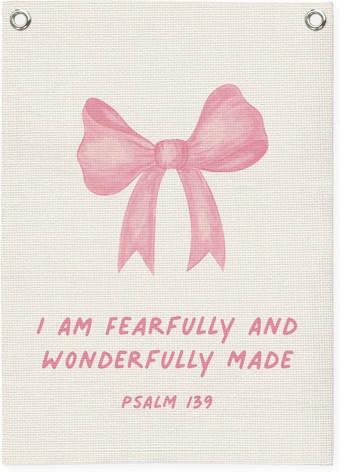 Bible Verses Wall Decor,Pink Coquette Bow Linen Canvas Banner,Christian Wall Art I Am Fearfully And Wonderfully Made Wall Hanging Flag for Kids Girl Bedroom Living Room Dorm 18x25 Inch