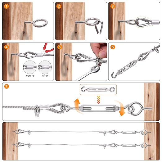 250FT 1/8" Wire Rope Kit, Vinyl Coated 304 Stainless Steel Wire Cable, 7x7 Strands 920LBS Breaking Strength, M5 Turnbuckle for Cable Wire, String Light Hanging Kit for Outdoor, Garden, Clothesline