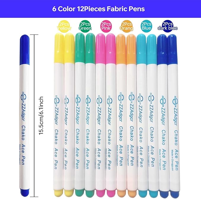 12 pcs Water-Erasable Fabric Pen Set - 6 Colors for Sewing, Embroidery & DIY Tracing
