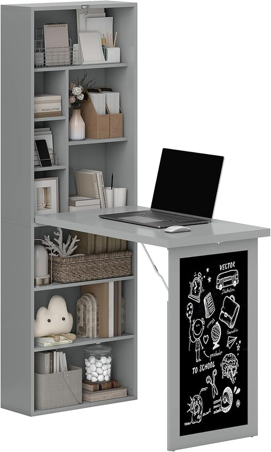 HOMCOM Fold-Out Convertible Writing Table, Wall Mount Desk Cabinet with Blackboard and Side Shelf Multi-Function Home Office Workstation, Charcoal Gray