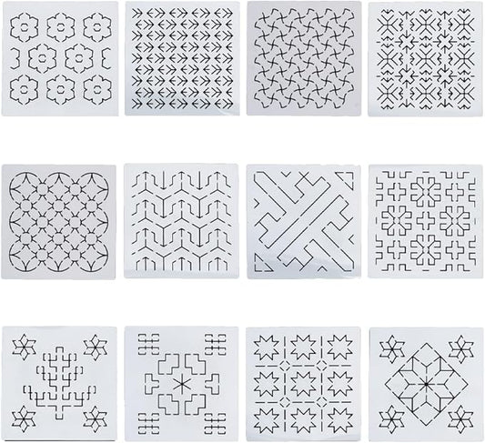 FREEBLOSS Sashiko PET Stencils - Geometric Hand Embroidery Patterns for Drawing and Quilting - 14x14cm Template