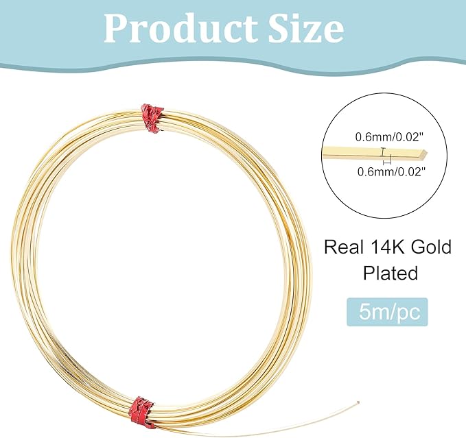 BENECREAT 22Gague 16.4 Feet Real 14K Gold Plated Square Brass Wire, Light Gold Soft Jewelry Wire for Necklace and Bracelet Making