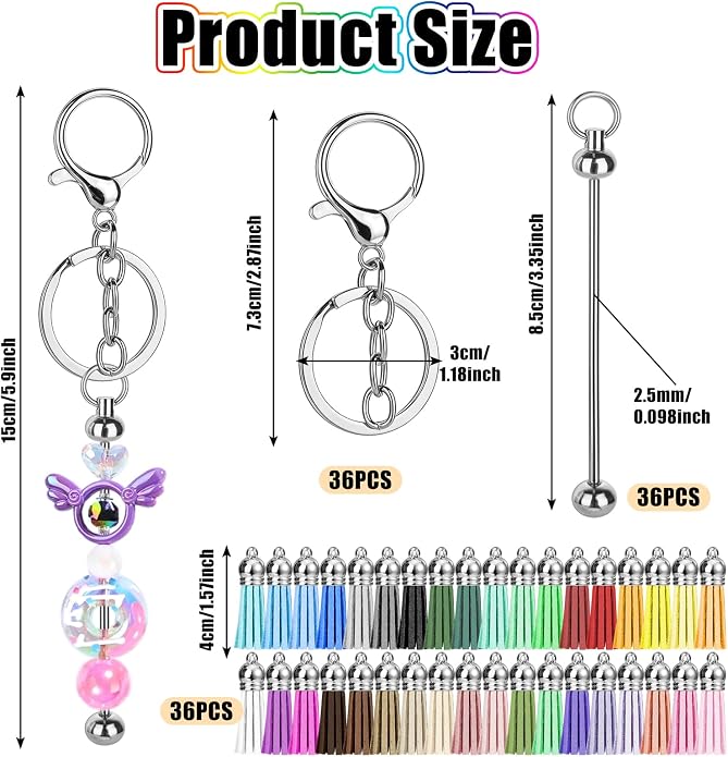 Draupnir 72 Pcs Beadable Keychains Bars, Included 36Pcs Silver Beadable - Image 2