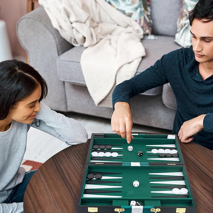 Backgammon Set 2 Players Classic Backgammon Sets for Adults Board Game with Black PU Leather Case Portable and Travel Backgammon Set (Green, 15inch)