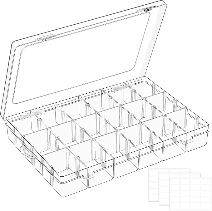18 Grids Large Plastic Organizer Box with Adjustable Dividers, Clear Compartment Storage Container Tackle Box with Label Stickers for Beads, Crafts, Jewelries, Tools