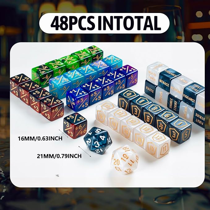 62 PCS MTG Dice Counters Set Keyword Tokens Abilities Life Counter 1/+1 counters Commander Buff Tokens Gold 6 Sided Dice Set for MTG, TCG, Card Games