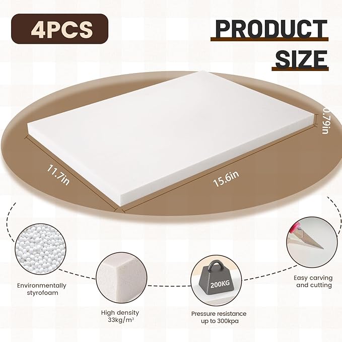 Gvereld High Density XPS Foam Board,4 Pack 15.6x11.7x0.79in Polystyrene Craft Foam Sheets, Rigid and Easy to Shape,DIY Modeling Art Projects, Party Decoration, Foam Cosplay, Heat Insulation