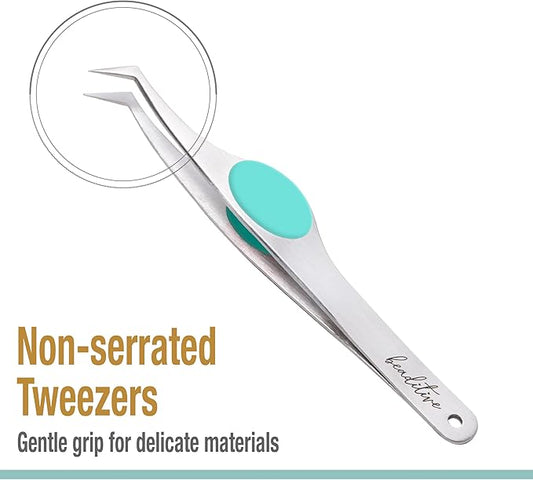 Beaditive High Precision Angled Tip Tweezers with Cushion Grip - 4.7" Craft Tweezers for Sewing, Beading & DIY Crafts - Non-Serrated Jewelry Tweezers with Fine Angled Tips - Stainless Steel (Teal)