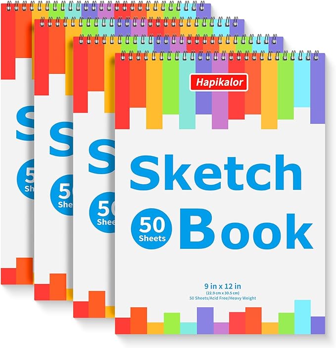 4 Pack 9x12 Sketch Book Spiral Bound, 50 Sheets Each 100gsm/68lb Acid-Free by Hapikalor
