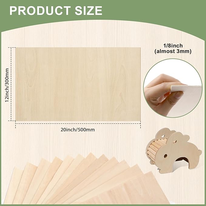 10 Pack Basswood Sheets 1/8x12x20 Inch, Unfinished Wood for Crafts, 3mm Basswood for Laser Cutting & Engraving, Wood Burining,Architectural Models, Plywood for Painting.
